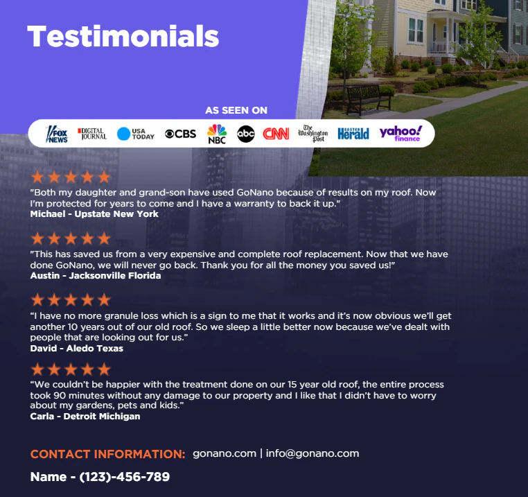 GoNano customer testimonials and media logos including Fox News, USA Today, CBS, NBC, ABC, CNN, The Washington Post, Digital Journal, and Yahoo Finance