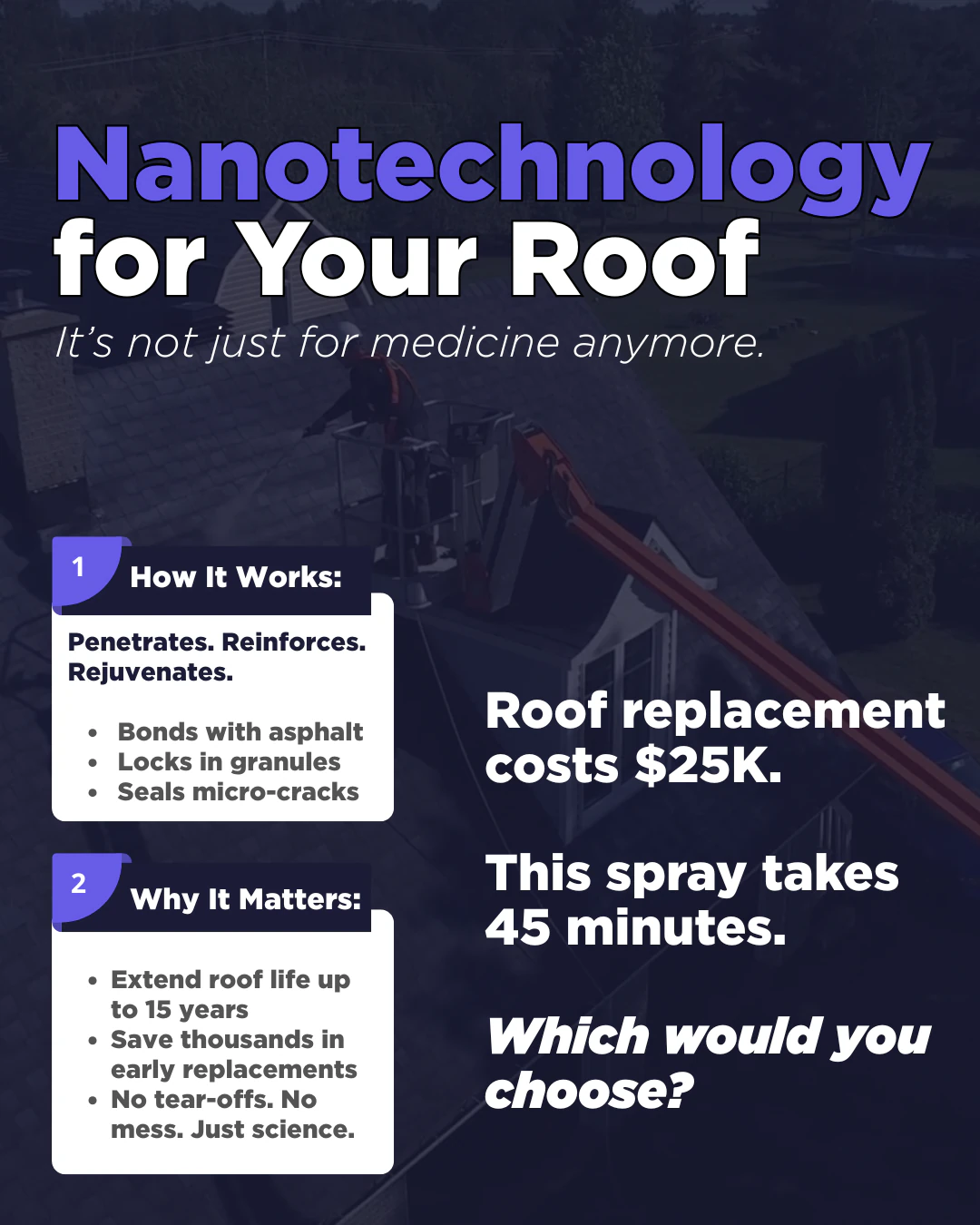 GoNano cost-benefit infographic showing roof rejuvenation compared with replacement