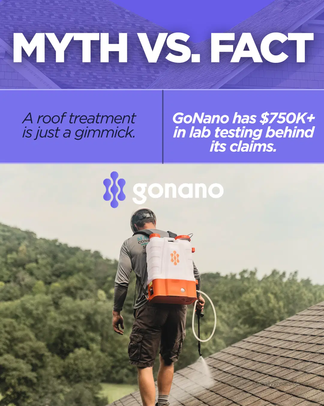 GoNano Myth vs. Fact treatment visual showing a technician applying a roof treatment